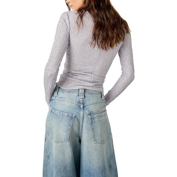 NWT Free People Women's Purple Evening Haze Semi Sheer Long Sleeve Top Size L - Picture 3 of 7